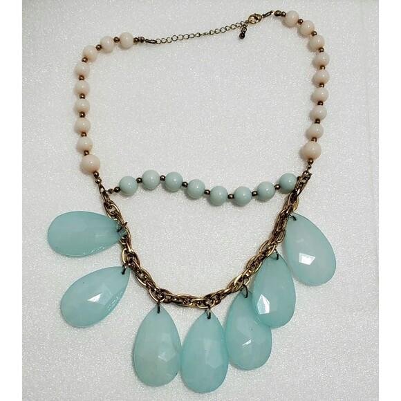 Statement Necklace & Earrings Set – Aqua Blue Teardrop Beads, Cream Floral... - Picture 2 of 13